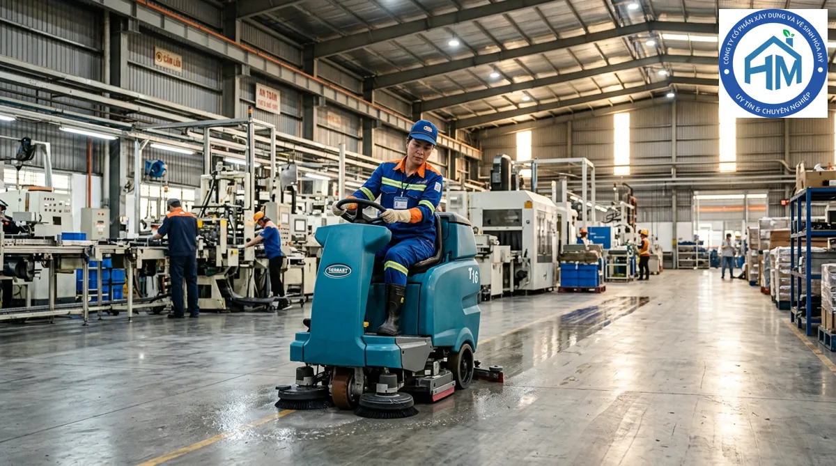 Nhân viên vệ sinh Hòa Mỹ mặc đồng phục bảo hộ đang vận hành máy chà sàn công nghiệp trong nhà xưởng rộng lớn