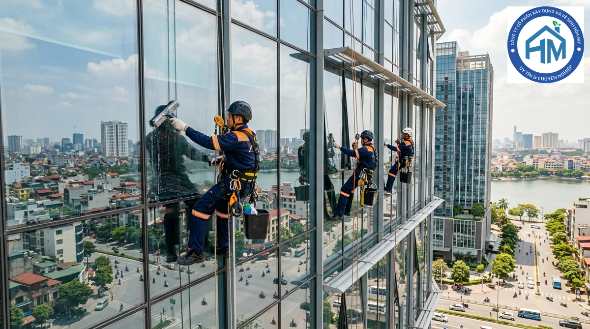 Nhân viên vệ sinh chuyên nghiệp thực hiện lau kính và làm sạch bề mặt kính tòa nhà cao tầng