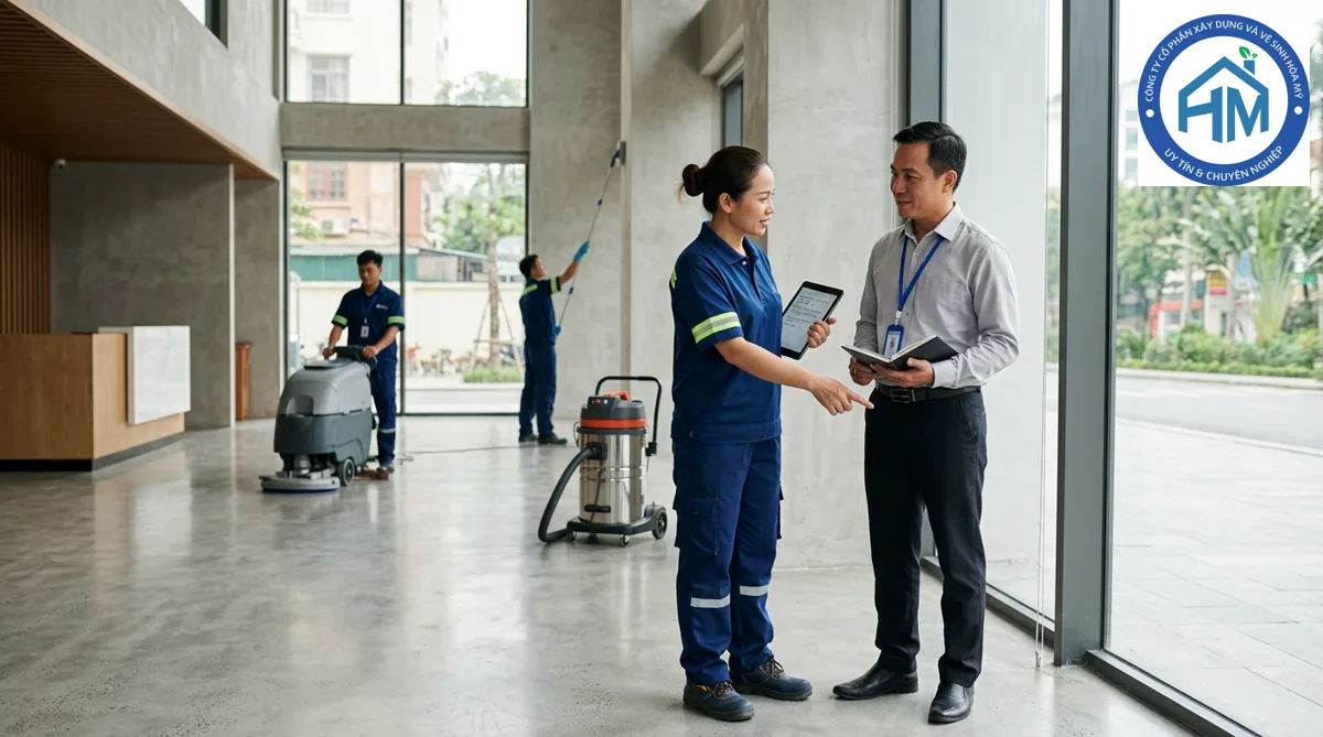 Chuyên viên kỹ thuật Hòa Mỹ đang khảo sát và tư vấn báo giá vệ sinh cho khách hàng tại công trình thực tế
