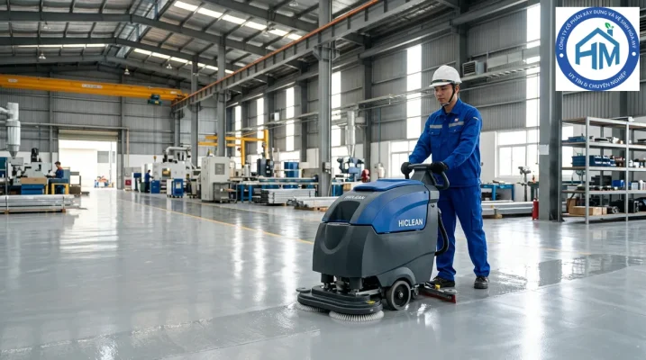 Kỹ thuật viên Hòa Mỹ JSC vận hành máy chà sàn liên hợp tại nhà xưởng Hưng Yên