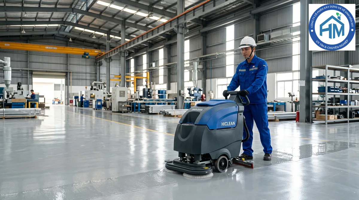 Kỹ thuật viên Hòa Mỹ JSC vận hành máy chà sàn liên hợp tại nhà xưởng Hưng Yên