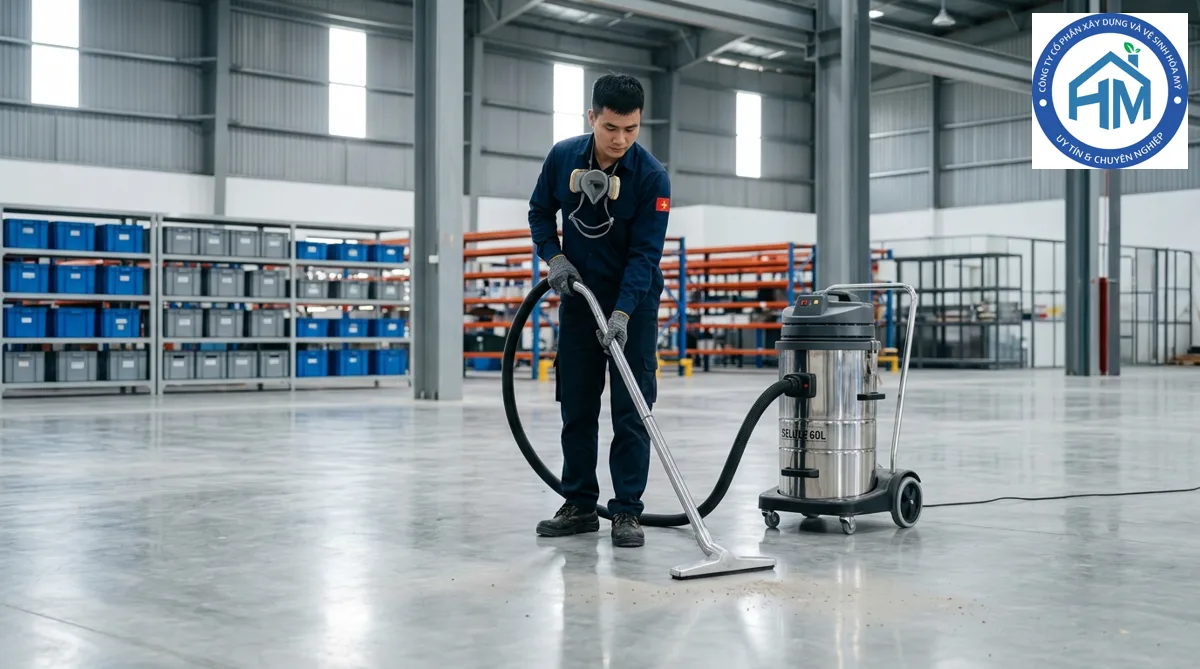Kỹ thuật viên sử dụng máy hút bụi công nghiệp làm sạch bề mặt kho bãi nhà máy