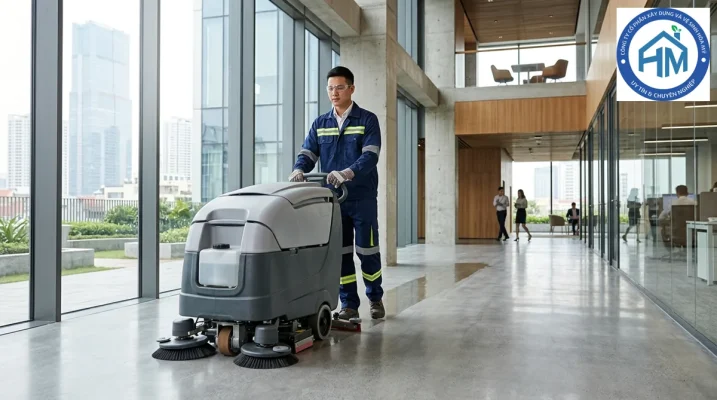 Nhân viên vệ sinh Hòa Mỹ mặc đồng phục bảo hộ đang vận hành máy chà sàn công nghiệp tại văn phòng lớn