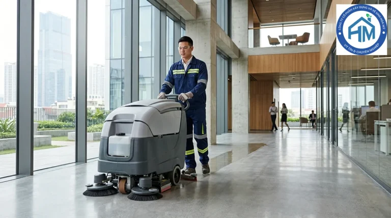 Nhân viên vệ sinh Hòa Mỹ mặc đồng phục bảo hộ đang vận hành máy chà sàn công nghiệp tại văn phòng lớn