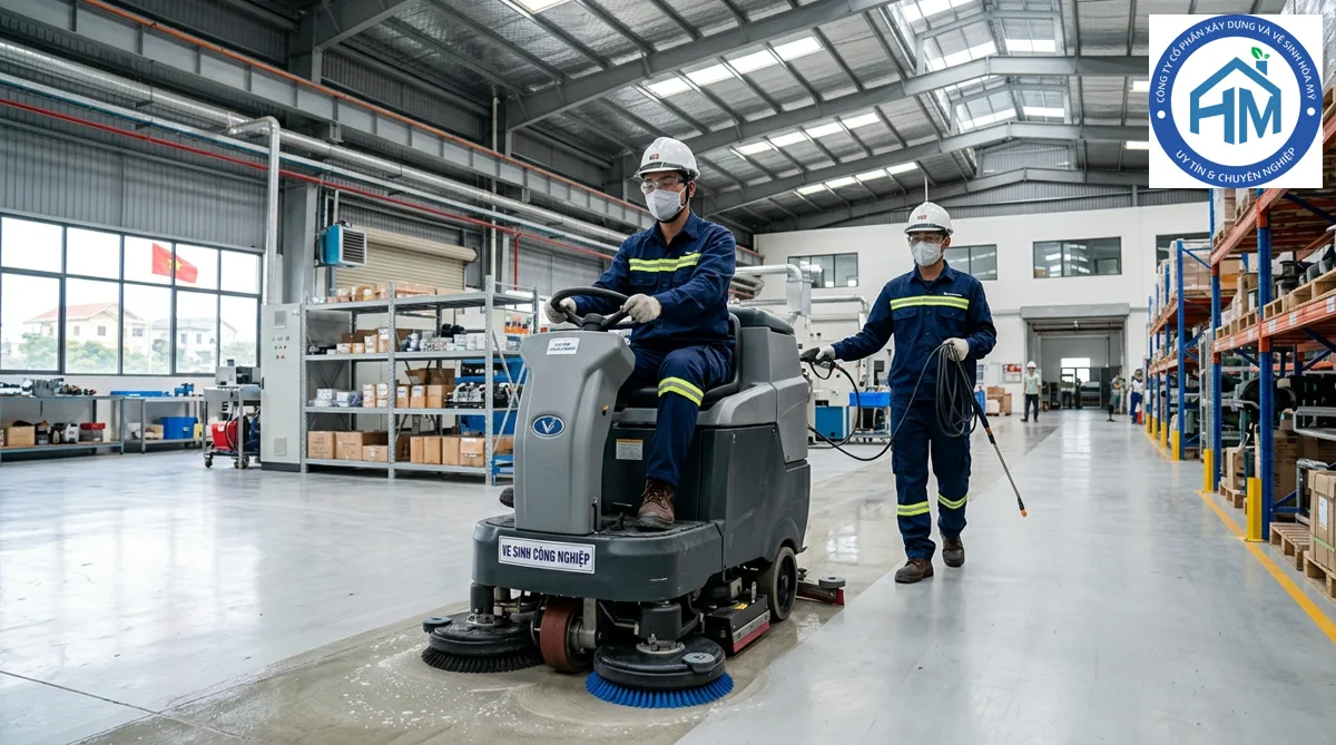 Nhân viên Hòa Mỹ JSC mặc đồng phục bảo hộ đang vận hành máy chà sàn công nghiệp trong nhà xưởng