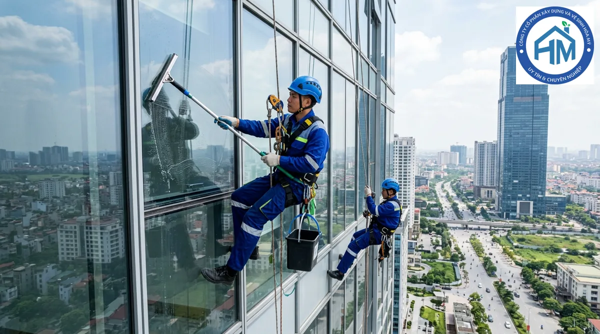 Nhân viên vệ sinh đang lau kính mặt ngoài tòa nhà cao tầng bằng thiết bị chuyên dụng