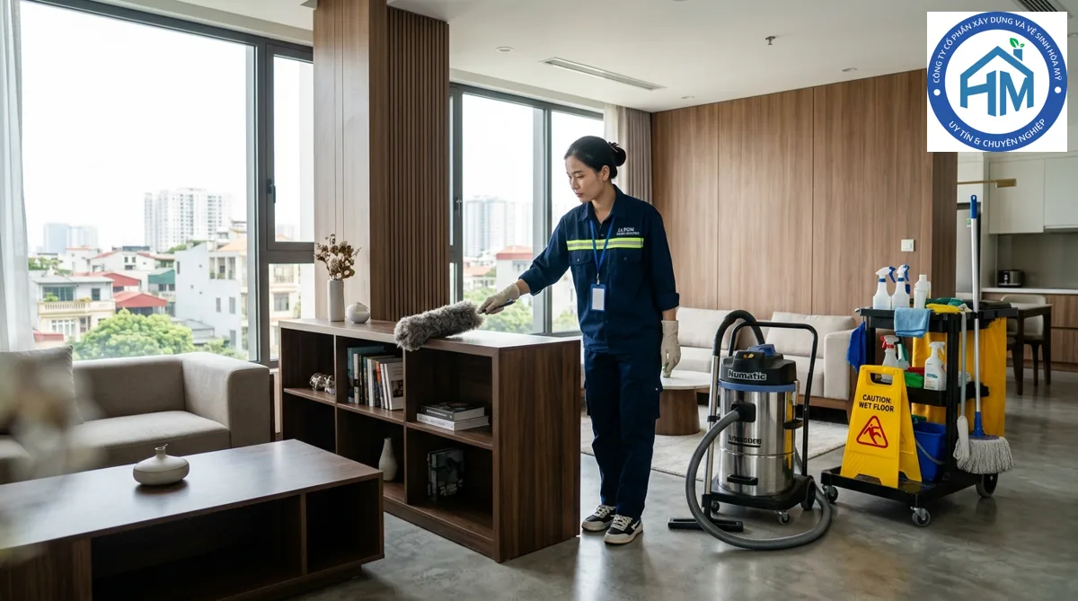 Nhân viên vệ sinh tổng dọn dẹp căn hộ chung cư mới xây dựng xong