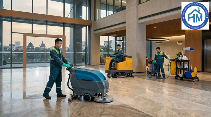Đội ngũ nhân viên Hòa Mỹ JSC mặc đồng phục bảo hộ thi công vệ sinh công nghiệp tại một tòa nhà lớn ở Hà Nội