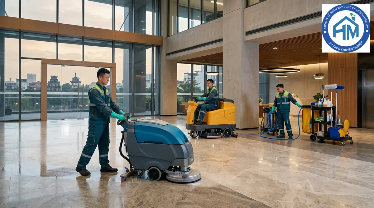 Dịch vụ vệ sinh công nghiệp tại Hà Nội uy tín, chuyên nghiệp – Hòa Mỹ JSC 2 Đội ngũ nhân viên Hòa Mỹ JSC mặc đồng phục bảo hộ thi công vệ sinh công nghiệp tại một tòa nhà lớn ở Hà Nội