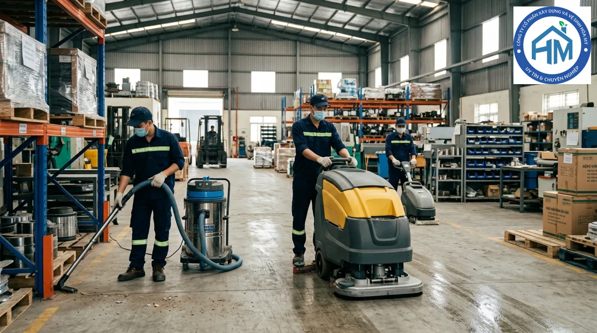 Dịch vụ vệ sinh công nghiệp tại Hà Nội uy tín, chuyên nghiệp – Hòa Mỹ JSC 3 Nhân viên vệ sinh nhà xưởng sử dụng máy móc chuyên dụng tại Hòa Mỹ JSC